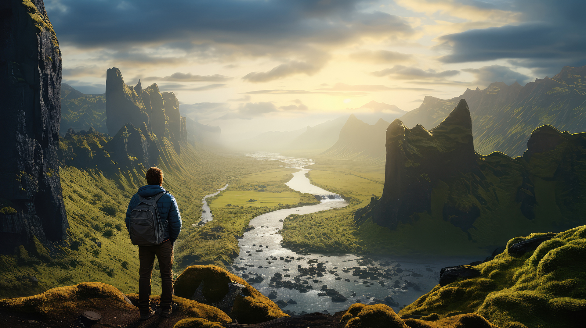 A person standing on a mountain. Sunset and river in the background.