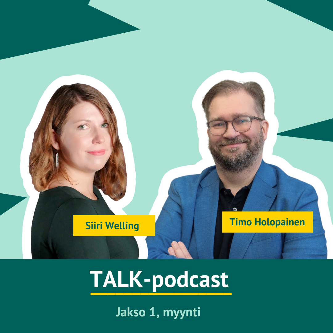 TALK podcastin kansikuva. Kuvassa Siiri Welling ja Timo Holopainen.