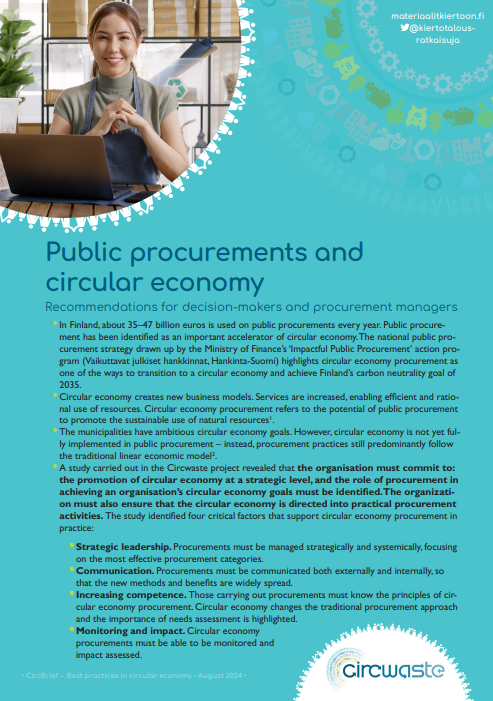 Julkaisun kansi: Public procurements and circular economy