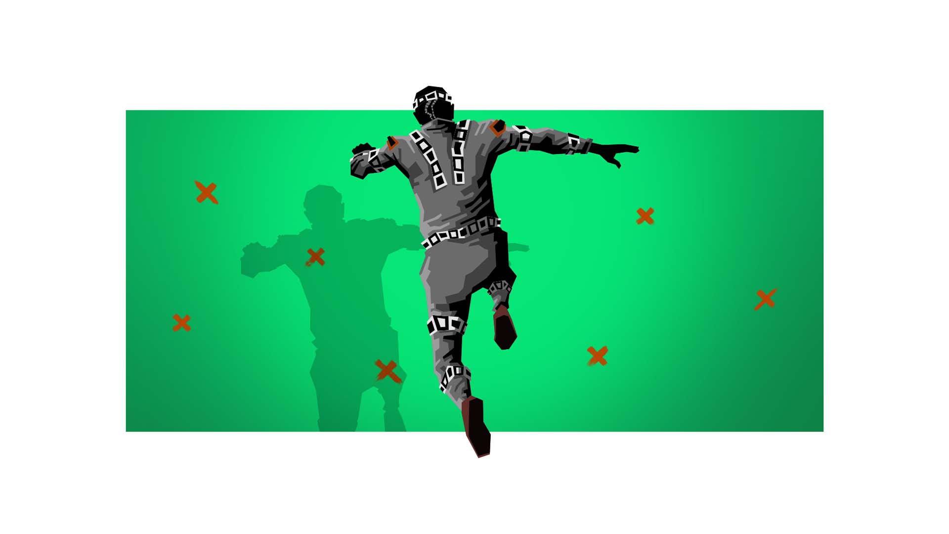 Virtual black character jumps on a green background